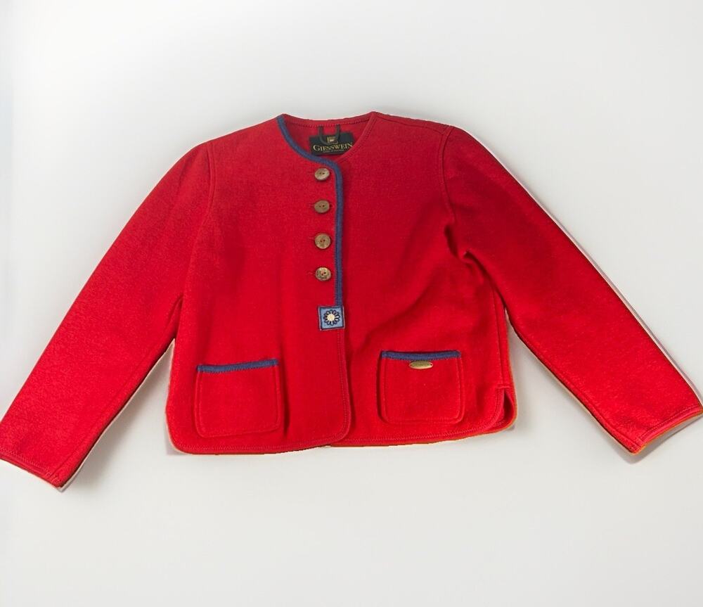 Vintage Giesswein Austria Boiled Wool Jacket Red Trachten Cardigan Tirol Sz 8 M
